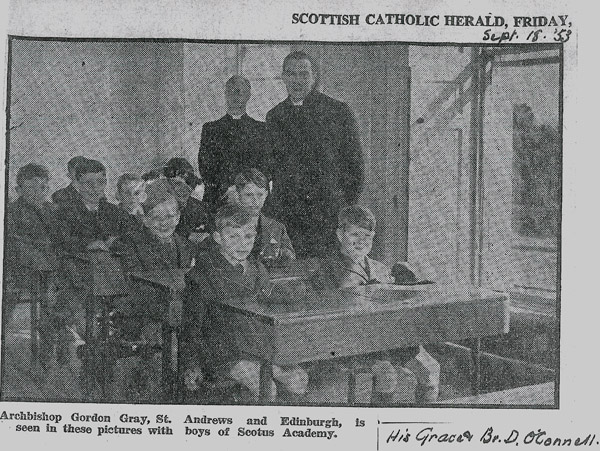 Classrooom in 53.jpg - Archbishop Gordon Gray in one of the classrooms shortly after the school opened. Picture from the Scottish Catholic Herald in Sept 1953.